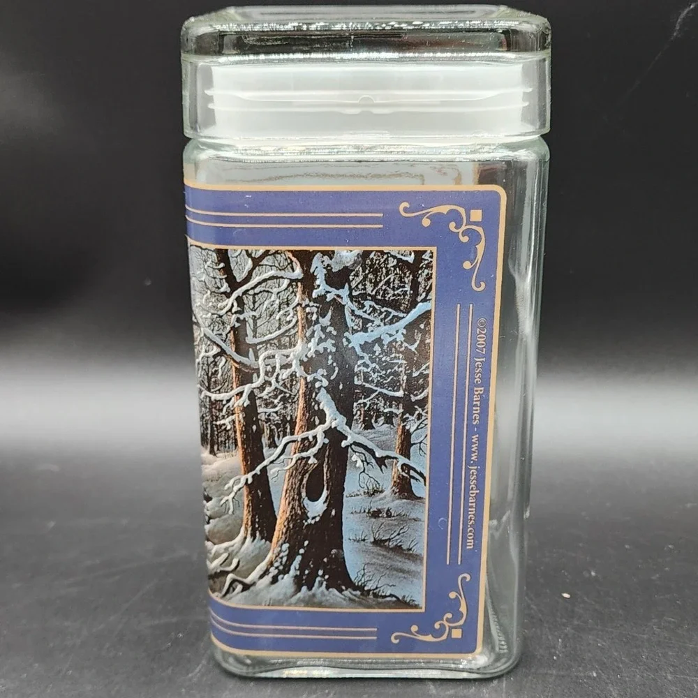 Jesse Barnes Blue New Fallen Snow Glass Storage Jar Canister Winter Cabin Art